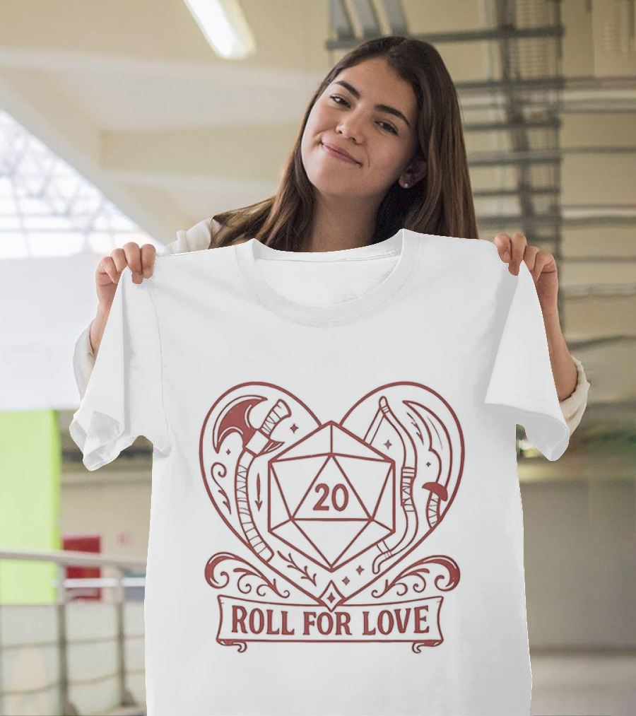 Roll For Love Heart Axe 20 Sided Dice Dungeons And Dragons T-Shirt