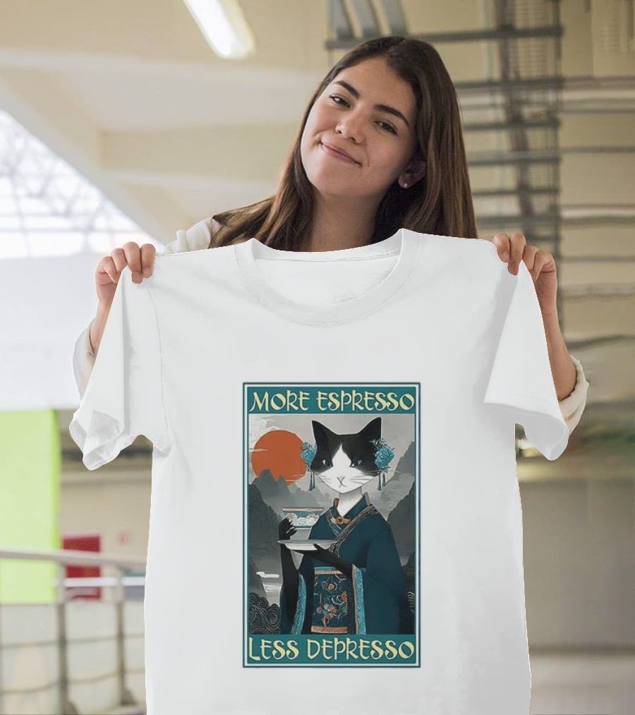More Espresso Less Depresso Zen Barista Cat Ukiyo E T-Shirt