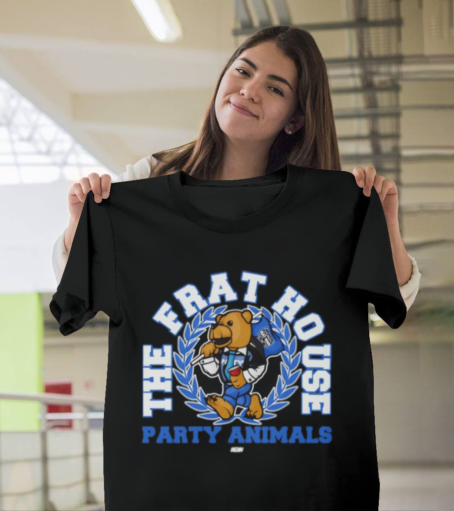 The Frat House Party Animals Beer Bear Drinking In Blue College Jacket T-Shirt