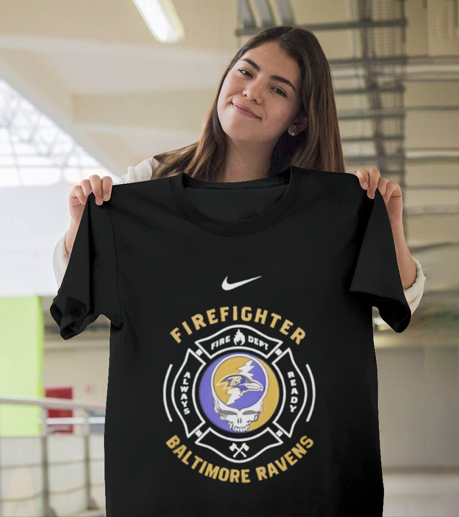 Nike Baltimore Ravens Grateful Dead Firefighter Ravens Heads SFDNY Station 26 Engine 58 T-Shirt