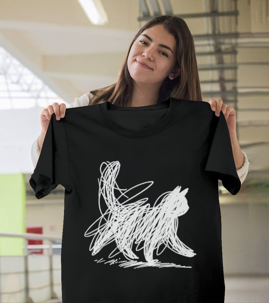 Scribble Cat Minimal Line Art Japanese T-Shirt