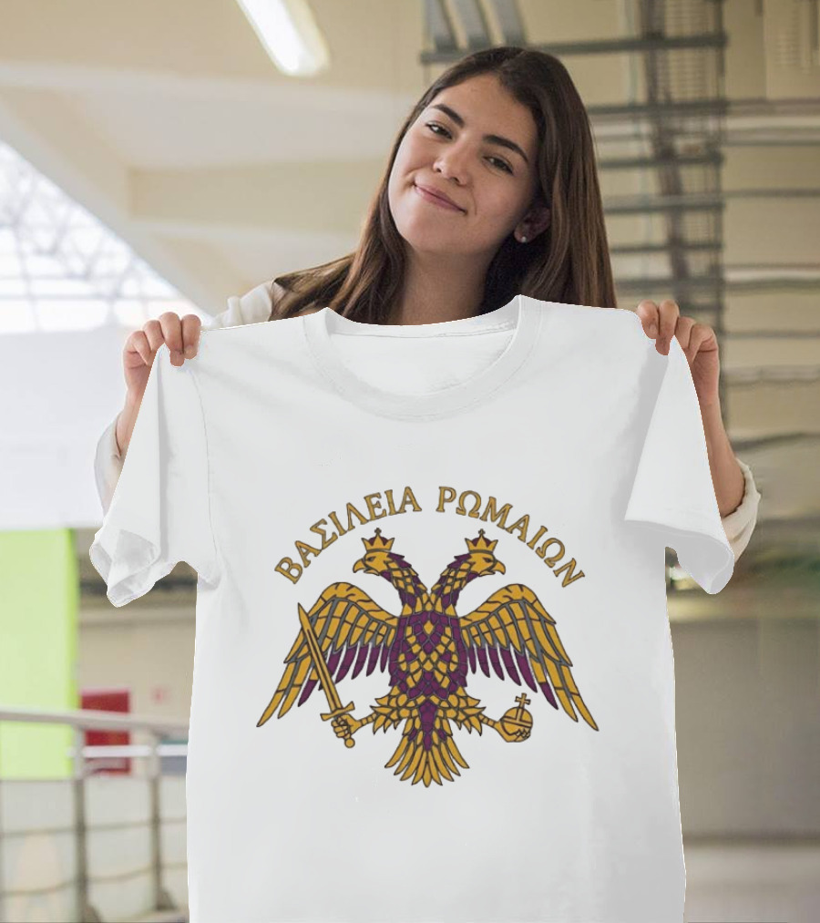 ΒΑΣΙΛΕΙΑ ΡΩΜΑΙΩΝ Byzantine Double Headed Eagle Symbol Greek Orthodox Heritage T-Shirt