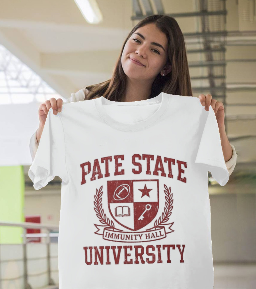 Pate State University Immunity Hall Laurel Wreath Shield Football Star Book Key T-Shirt