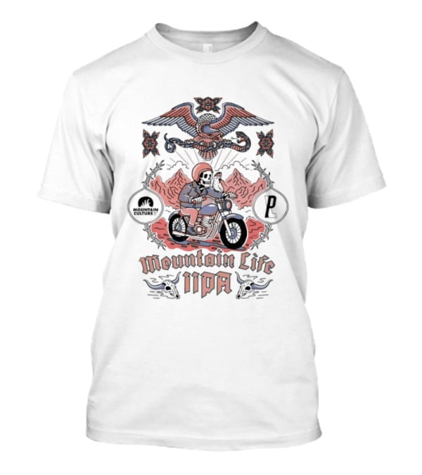 Mountain Life IIPA Skeleton Riding Motorcycle Under Eagle T-Shirt