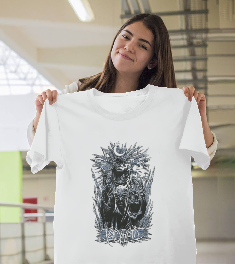 Psycroptic Ice Demon Moonlit Sorcerer Holding Crystal Staff And Skull T-Shirt