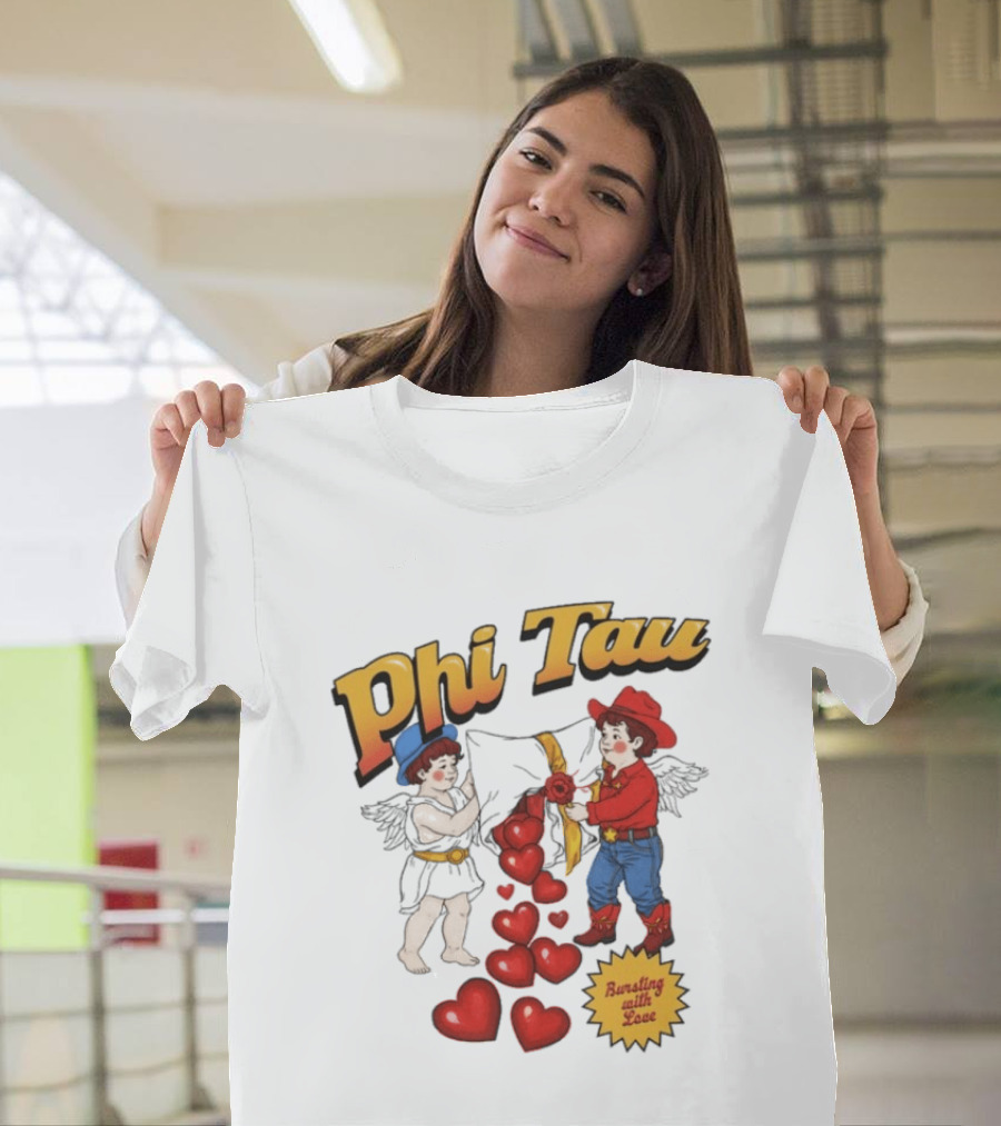 Phi Tau Valentine's Cupid And Cowboy Bursting With Love Hearts T-Shirt