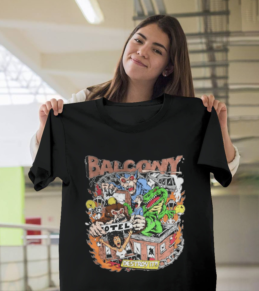 Balcony Hotel Rampage Cartoon Destroy It Monsters And Chaos T-Shirt
