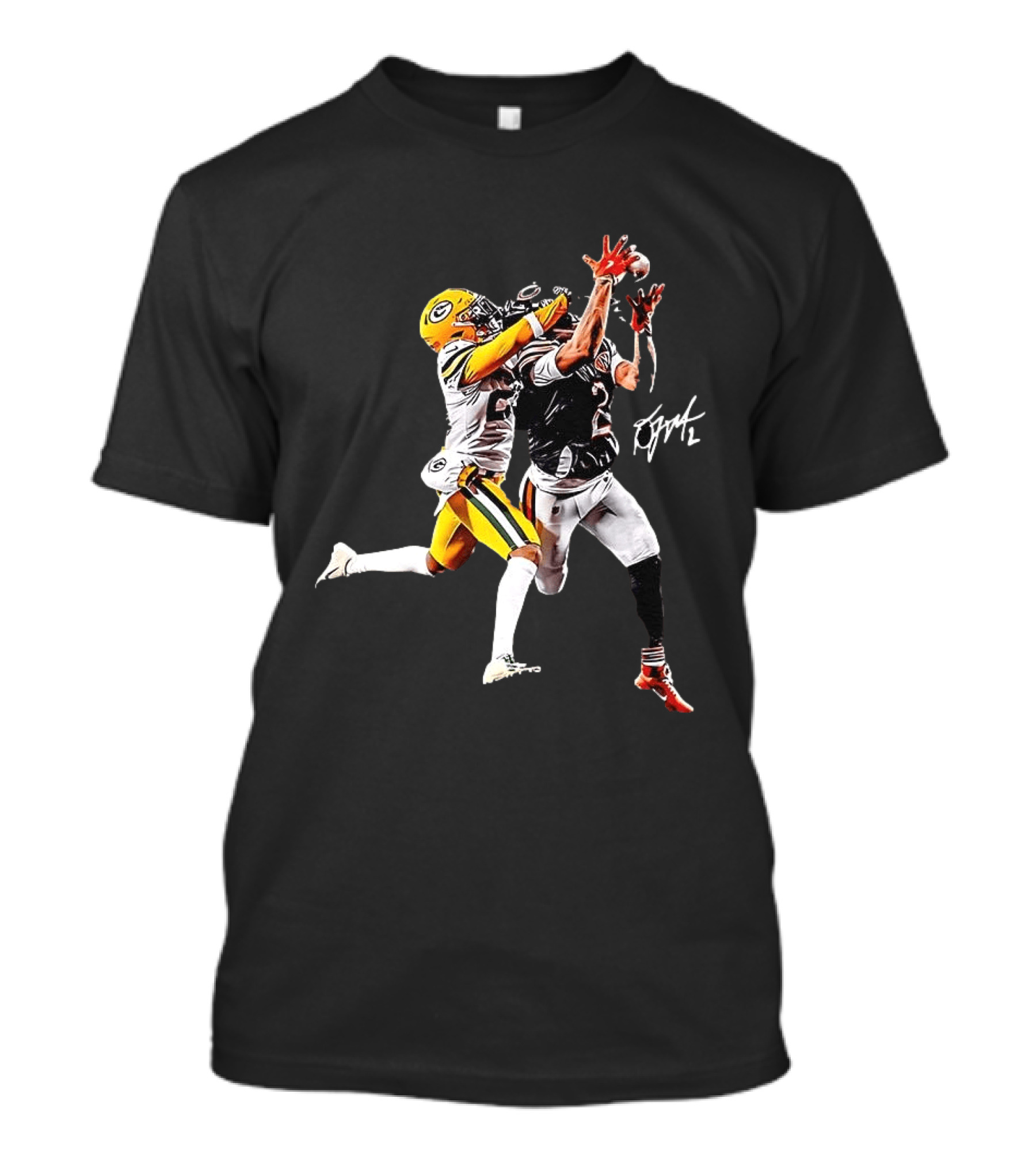 Caleb Williams Carrington Valentine Green Bay Football Action T-Shirt