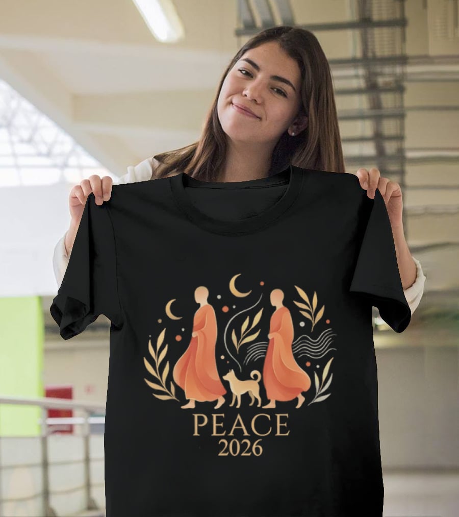 Peace 2026 Walk Monks With Dog Spiritual Harmony T-Shirt