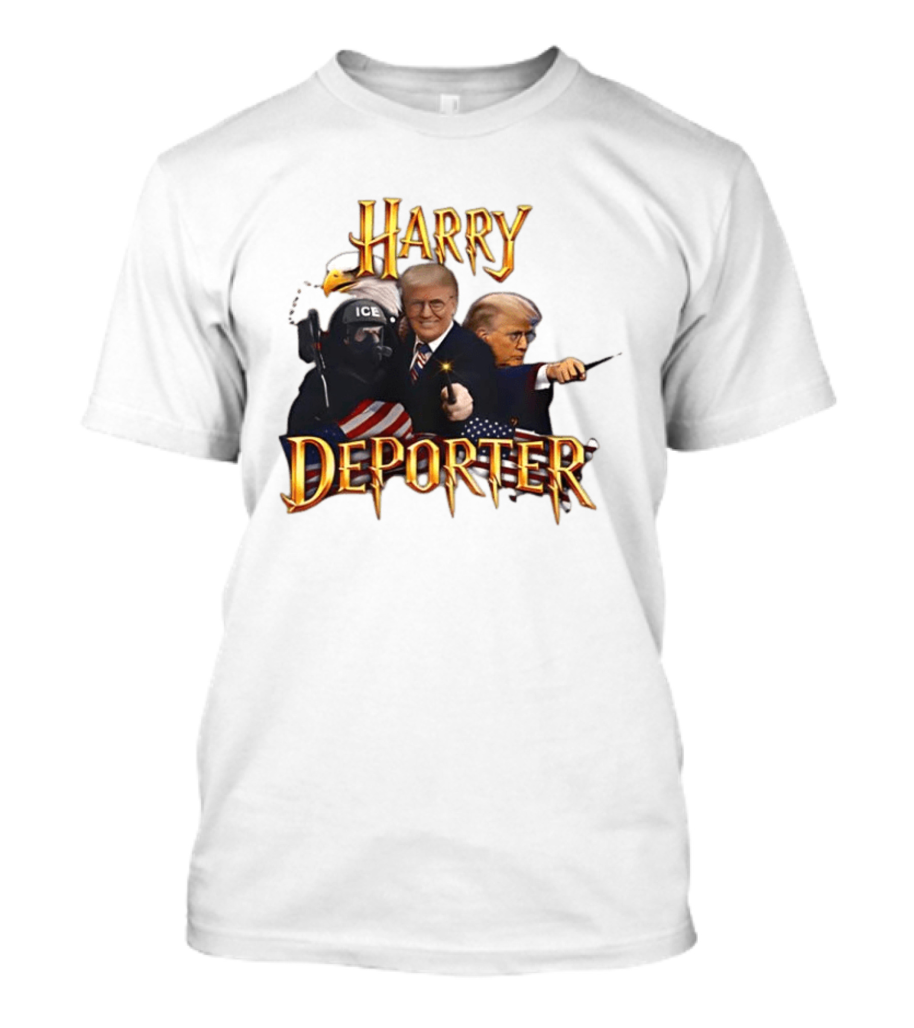 Harry Deporter Trump ICE Caricature American Flag Wand And Eagle T-Shirt