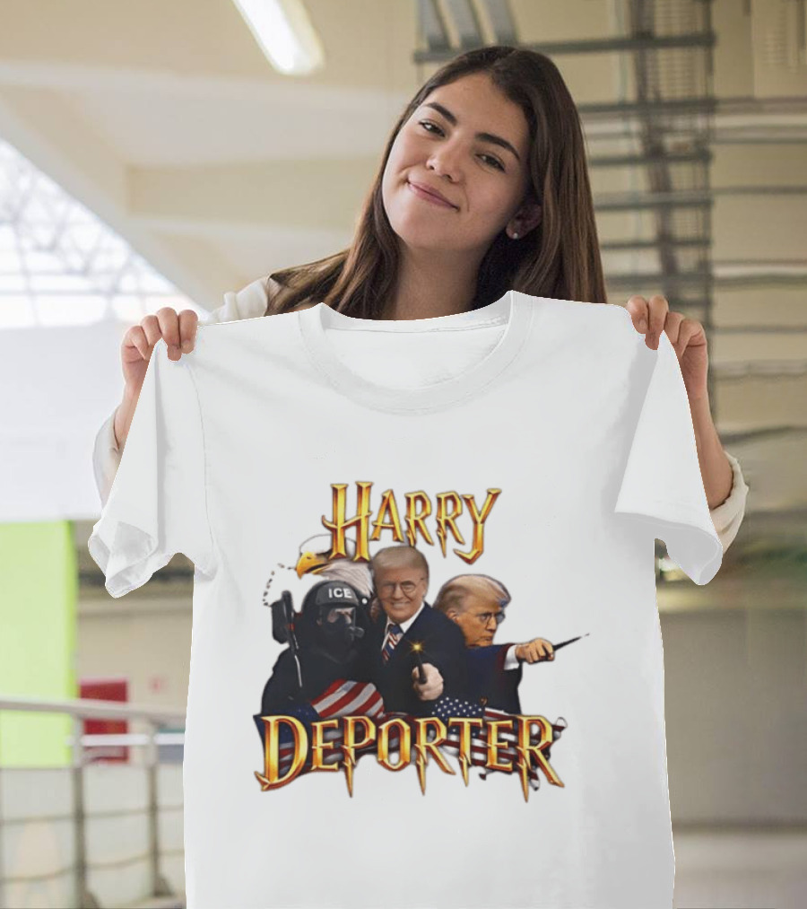 Harry Deporter Trump ICE Caricature American Flag Wand and Eagle T-Shirt