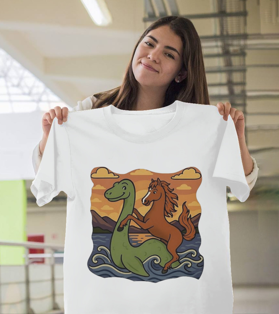 Playful Horse Riding Loch Ness Monster At Sunset Scene T-Shirt
