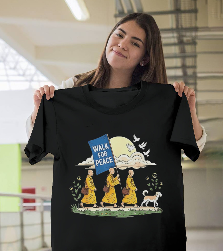 Walk For Peace Buddhist Monks And Dog Journey With Doves And Peace T-Shirt