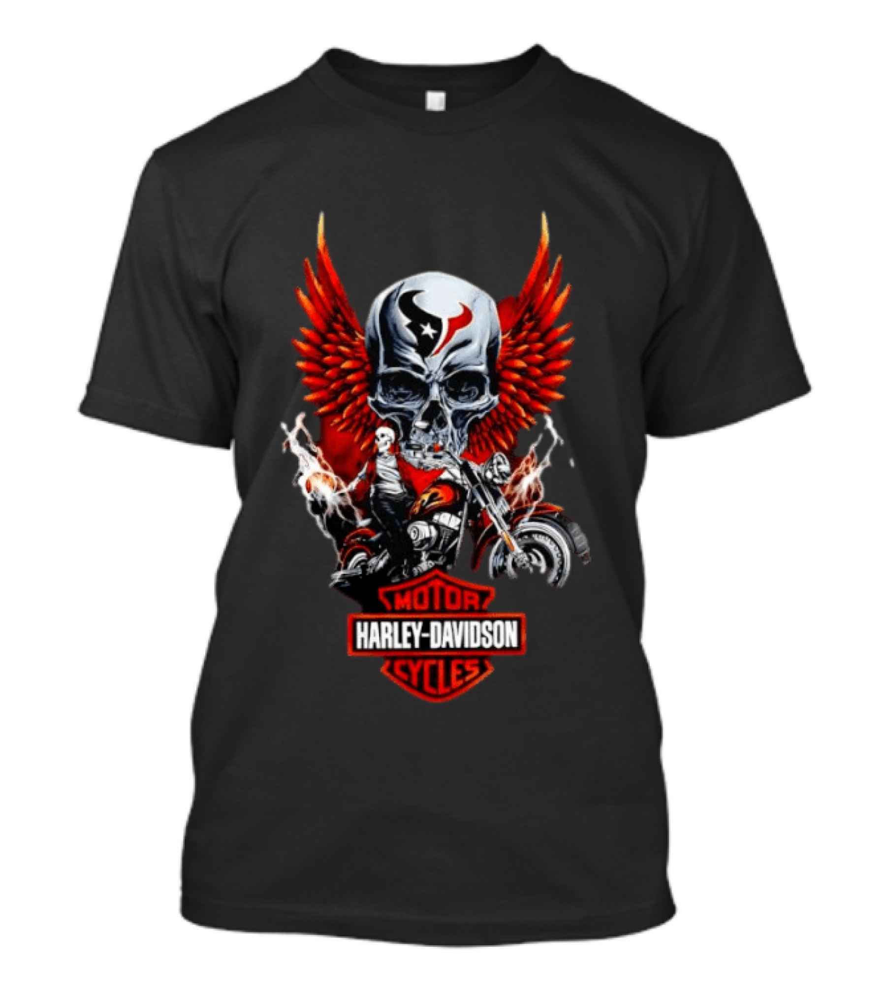 Houston Texans Harley Davidson Motorcycles Skull Wings Red Flames T-Shirt