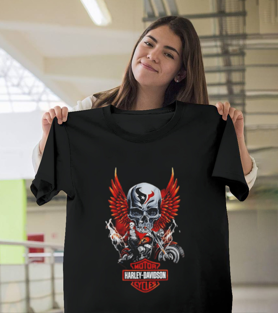 Houston Texans Harley Davidson Motorcycles Skull Wings Red Flames T-Shirt