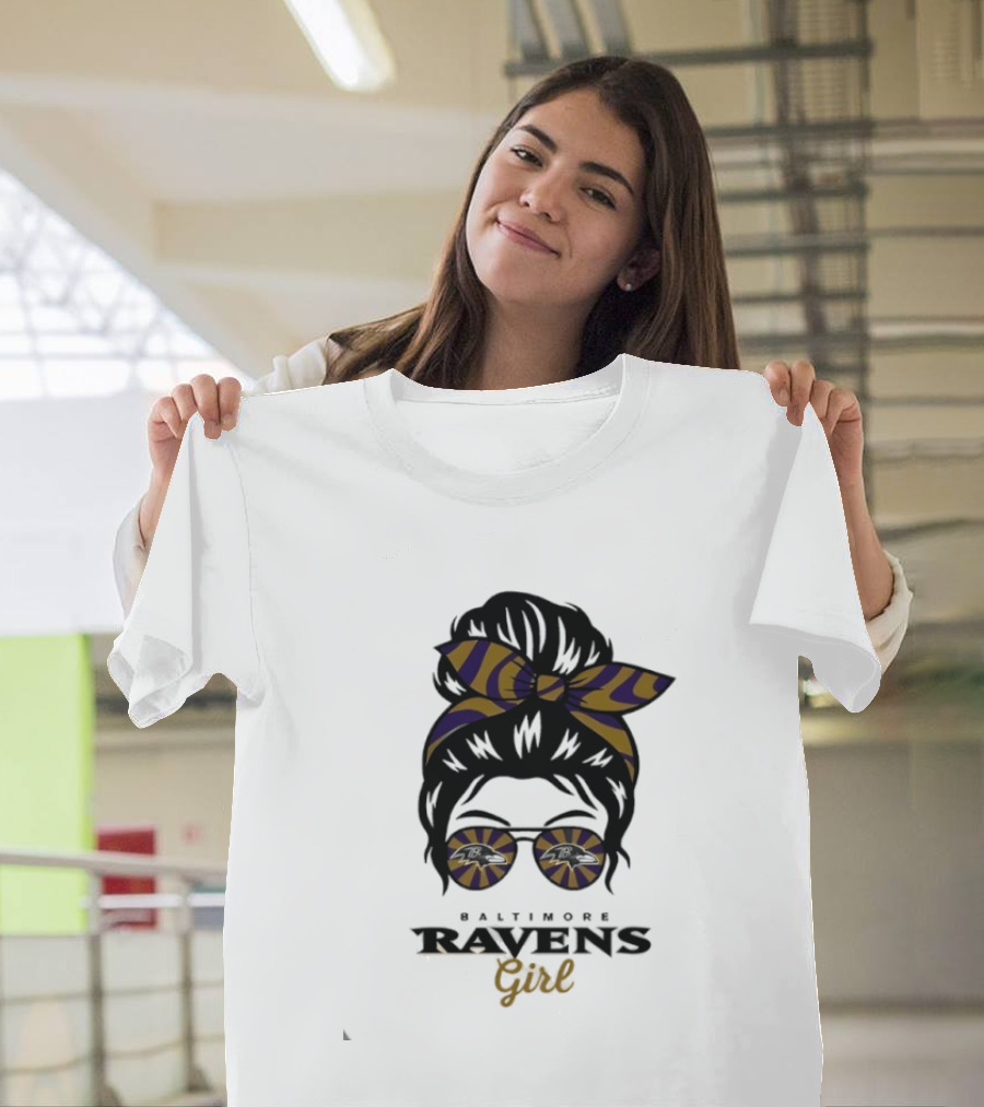 Baltimore Ravens Girl Messy Bun Glasses Bow Fan Gear T-Shirt