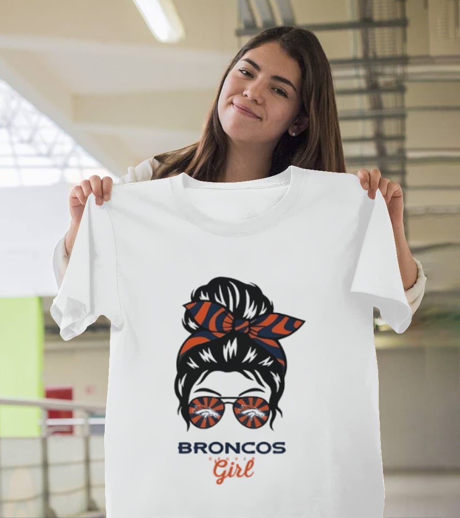 Broncos Girl Messy Bun Glasses And Bow T-Shirt