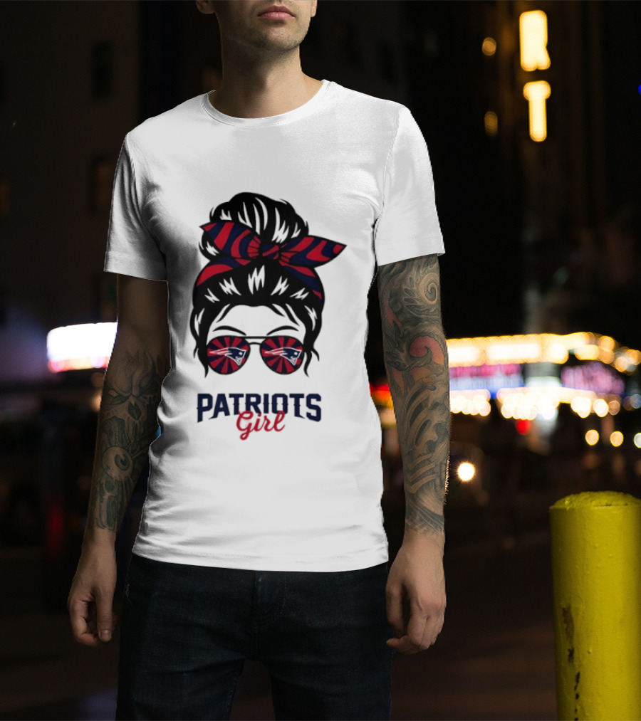 Patriots Girl Messy Bun Glasses Red Blue Bow Fan T-Shirt