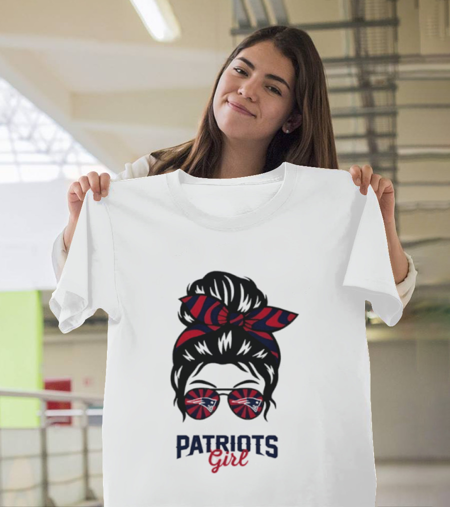 Patriots Girl Messy Bun Glasses Red Blue Bow Fan T-Shirt