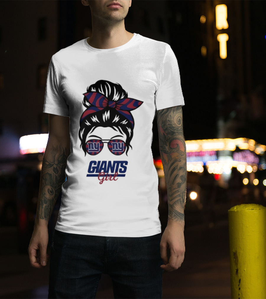 New York Giants Girl Messy Bun Glasses Bow T-Shirt
