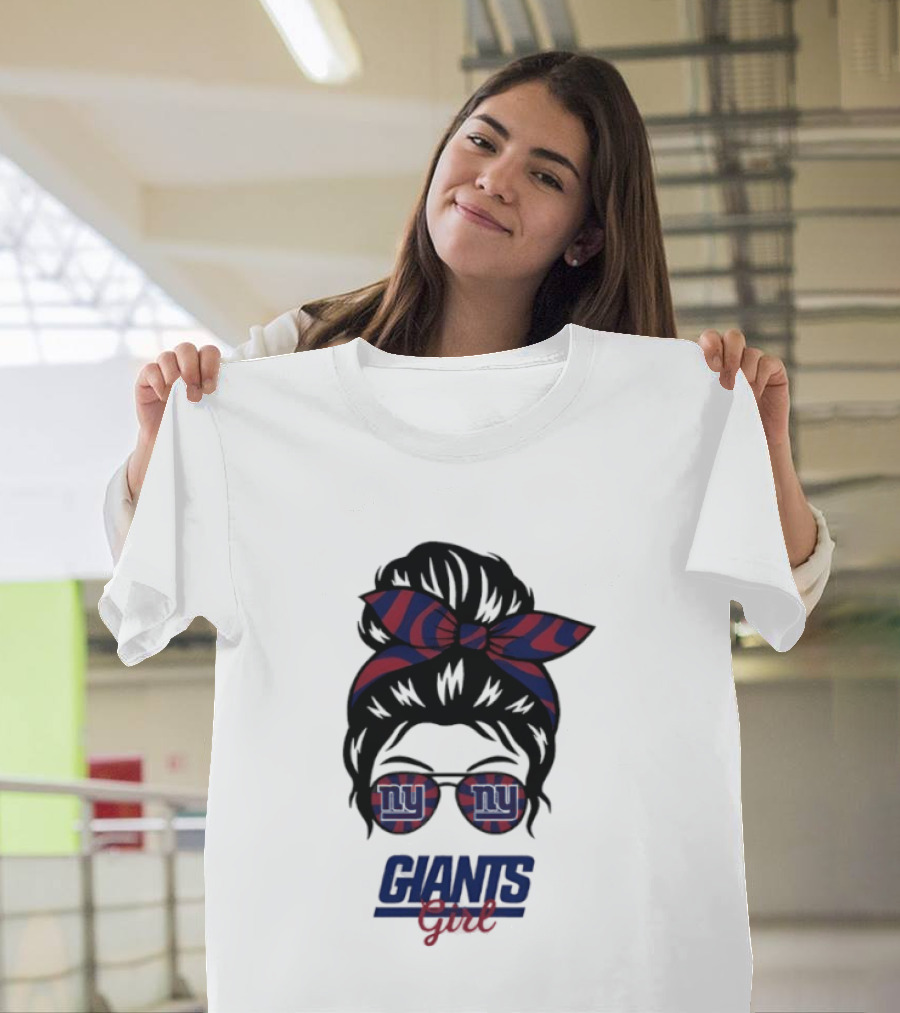 New York Giants Girl Messy Bun Glasses Bow T-Shirt