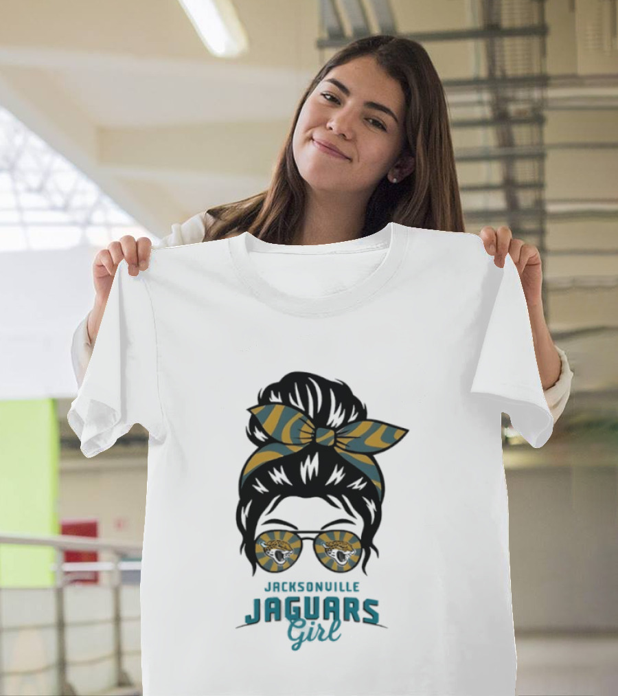 Jacksonville Jaguars Girl Messy Bun Glasses Bow Fan Spirit T-Shirt