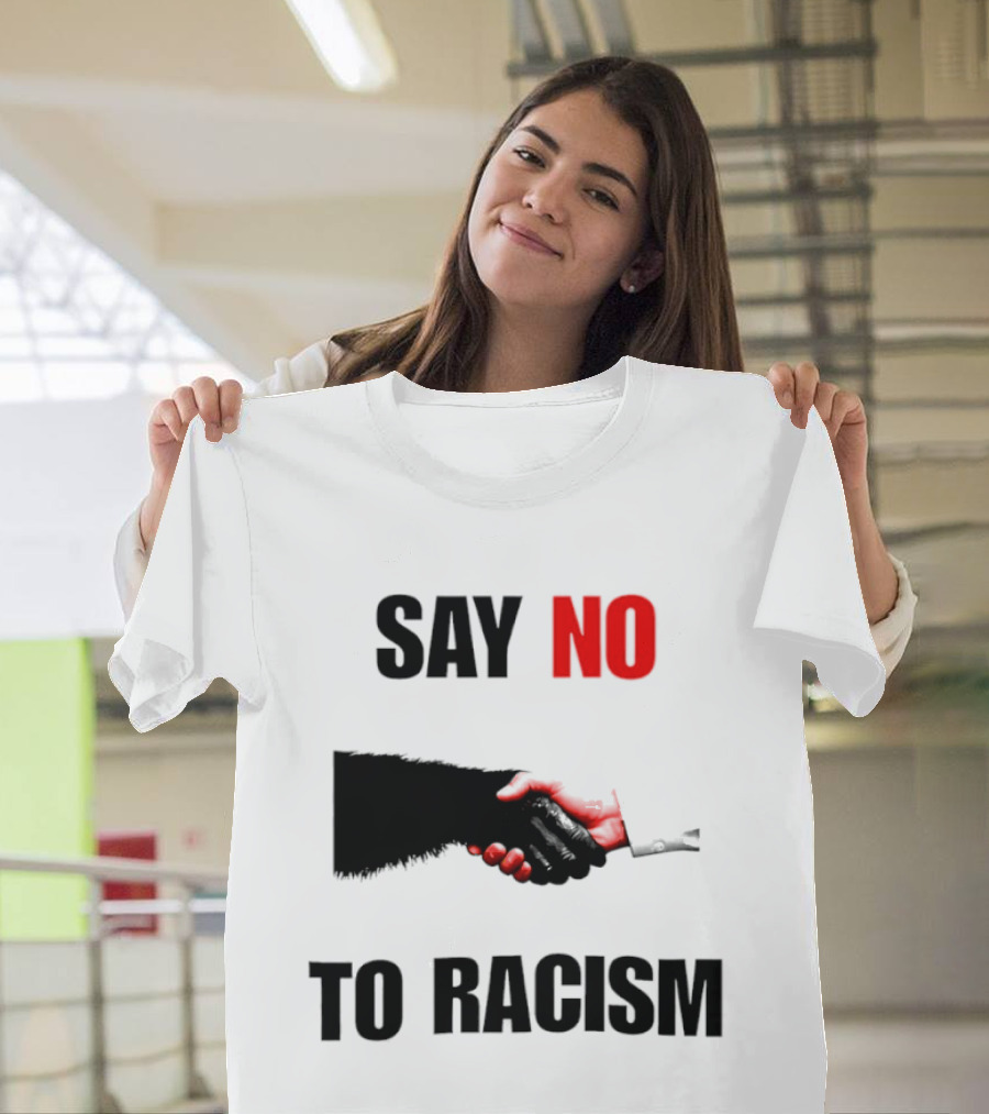 Say No To Racism Bigfoot Human Handshake Equality Message T-Shirt