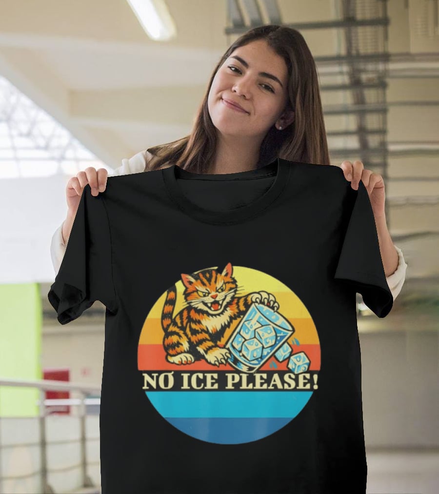 No Ice Please Cat Cartoon Rainbow Stripes T-Shirt