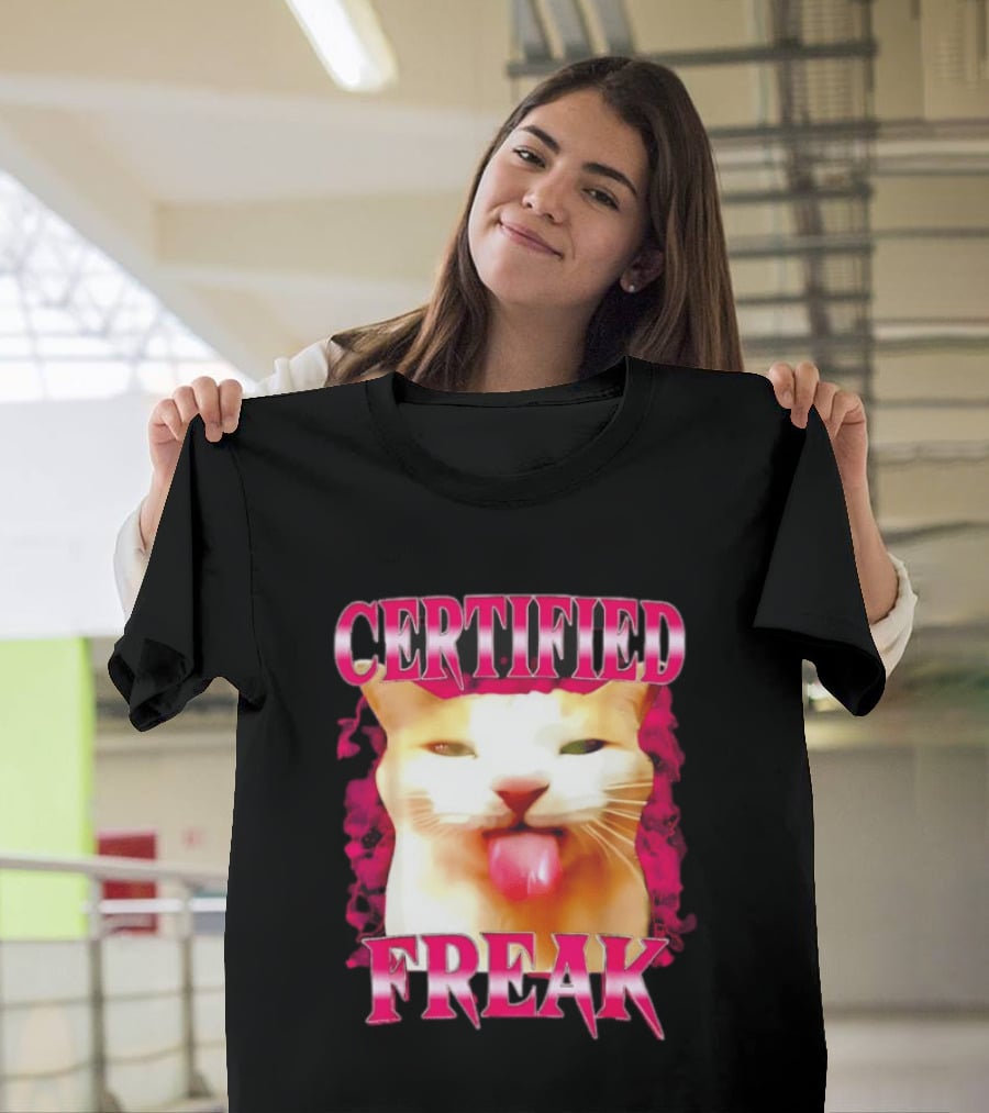 Certified Freak Cat Tongue Out Pink Edge T-Shirt