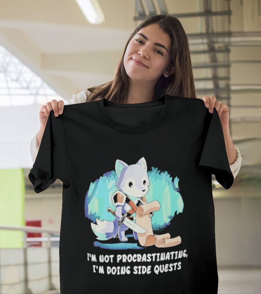 I'm Not Procrastinating I'm Doing Side Quests Cute Fantasy Wolf Cartoon T-Shirt
