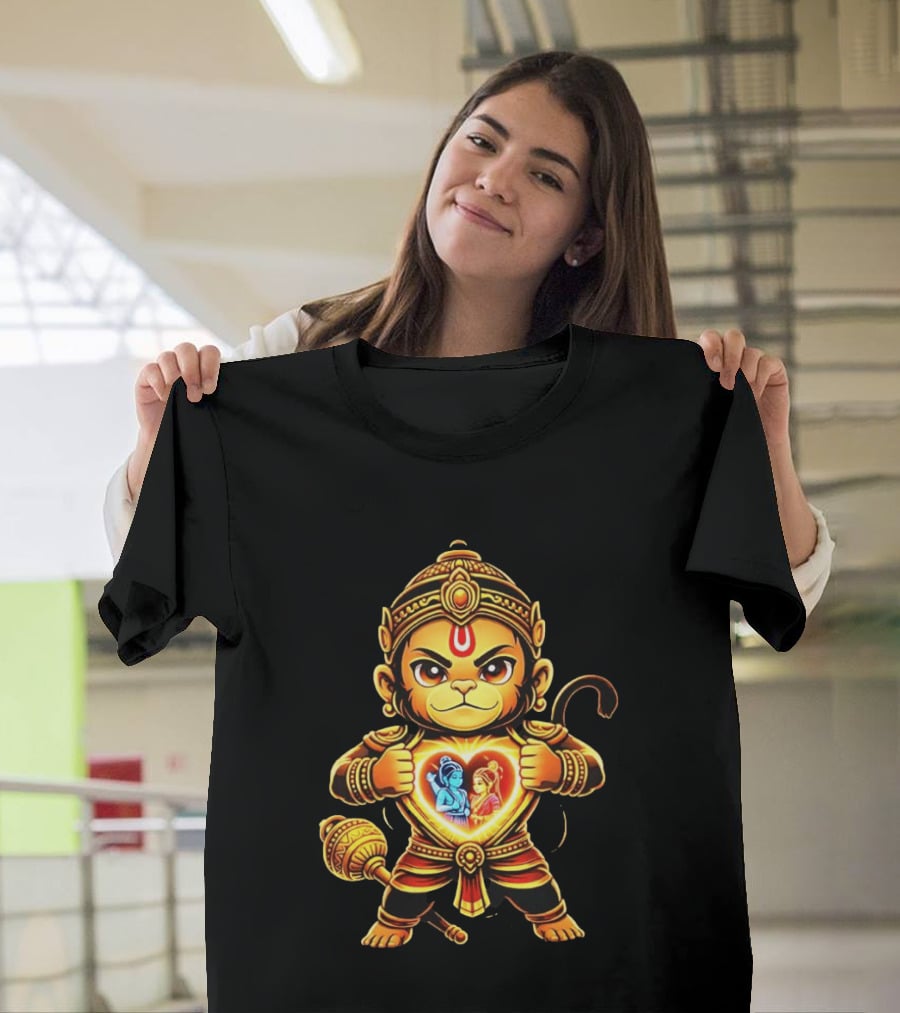 Hanumanji Hanuman Hindu Monkey God Devotee Illustration With Heart Symbol And Ram Sita T-Shirt