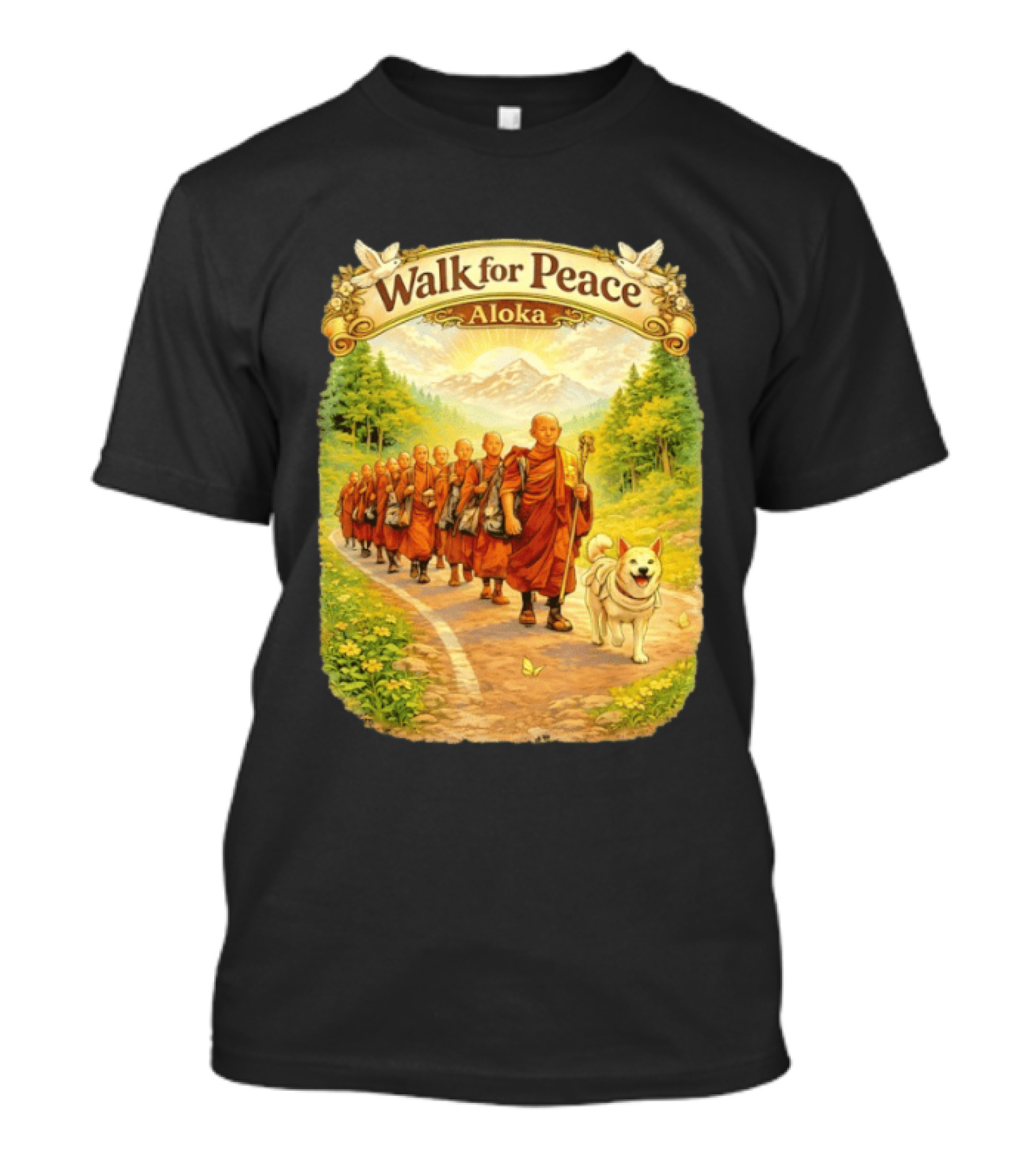 Walk For Peace Aloka Monks With Dog In Nature Trail T-Shirt