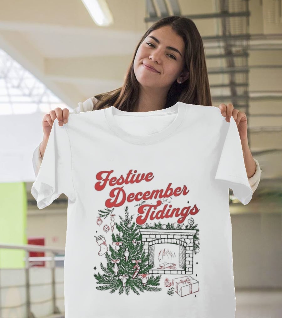 Festive December Tidings Christmas Tree Fireplace Holiday T-Shirt