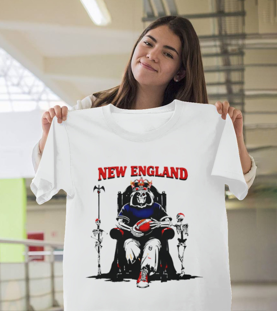 New England Skeletal Football Monarch Sitting On A Throne With Staff T-Shirt