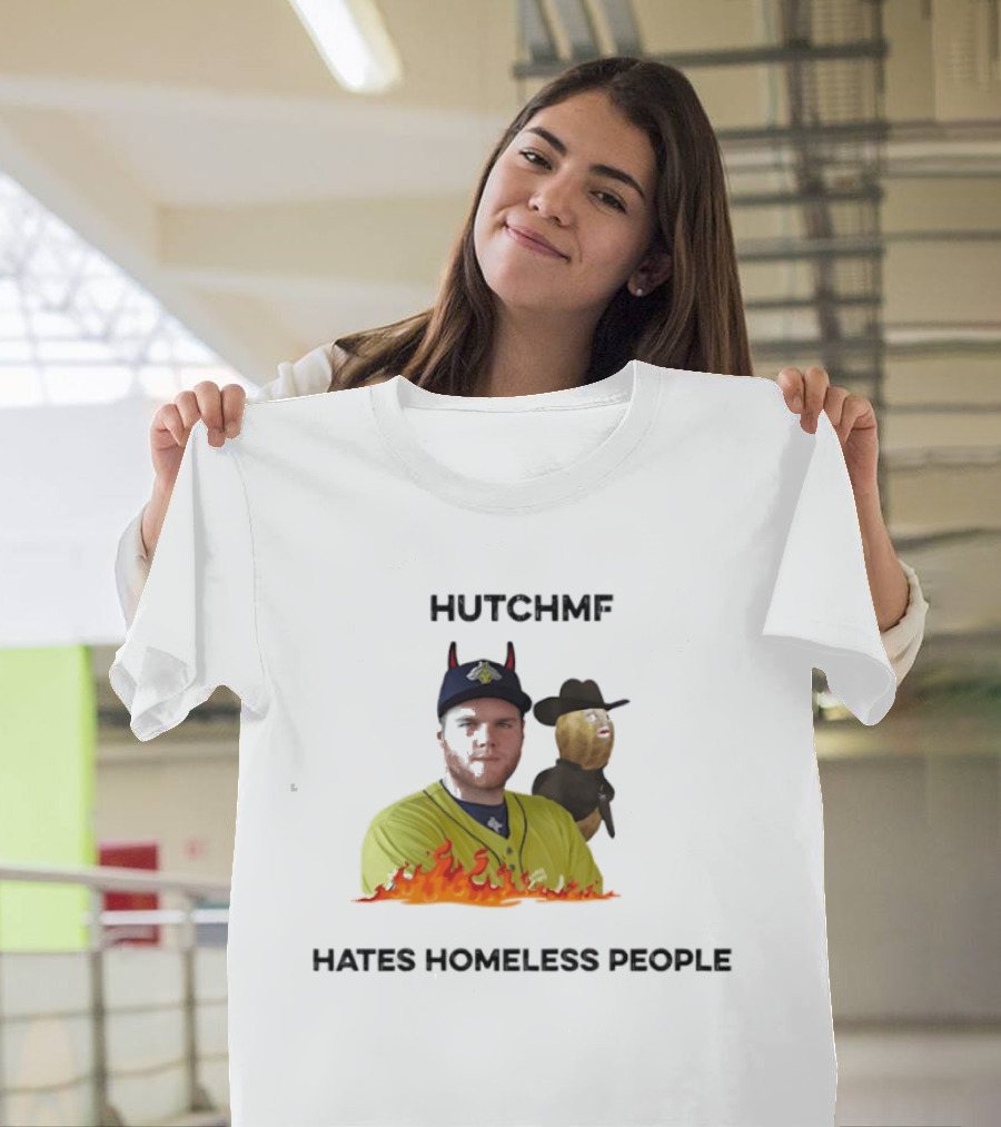Hutchmf Hates Homeless People Devil Horns Yellow Jersey Flames T-Shirt