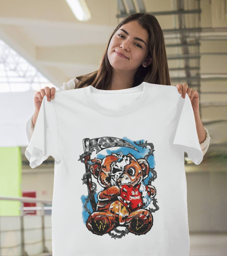 Warren Lotas Be Mine Teddy Grim Reaper Barbed Wire Valentine Scythe T-Shirt