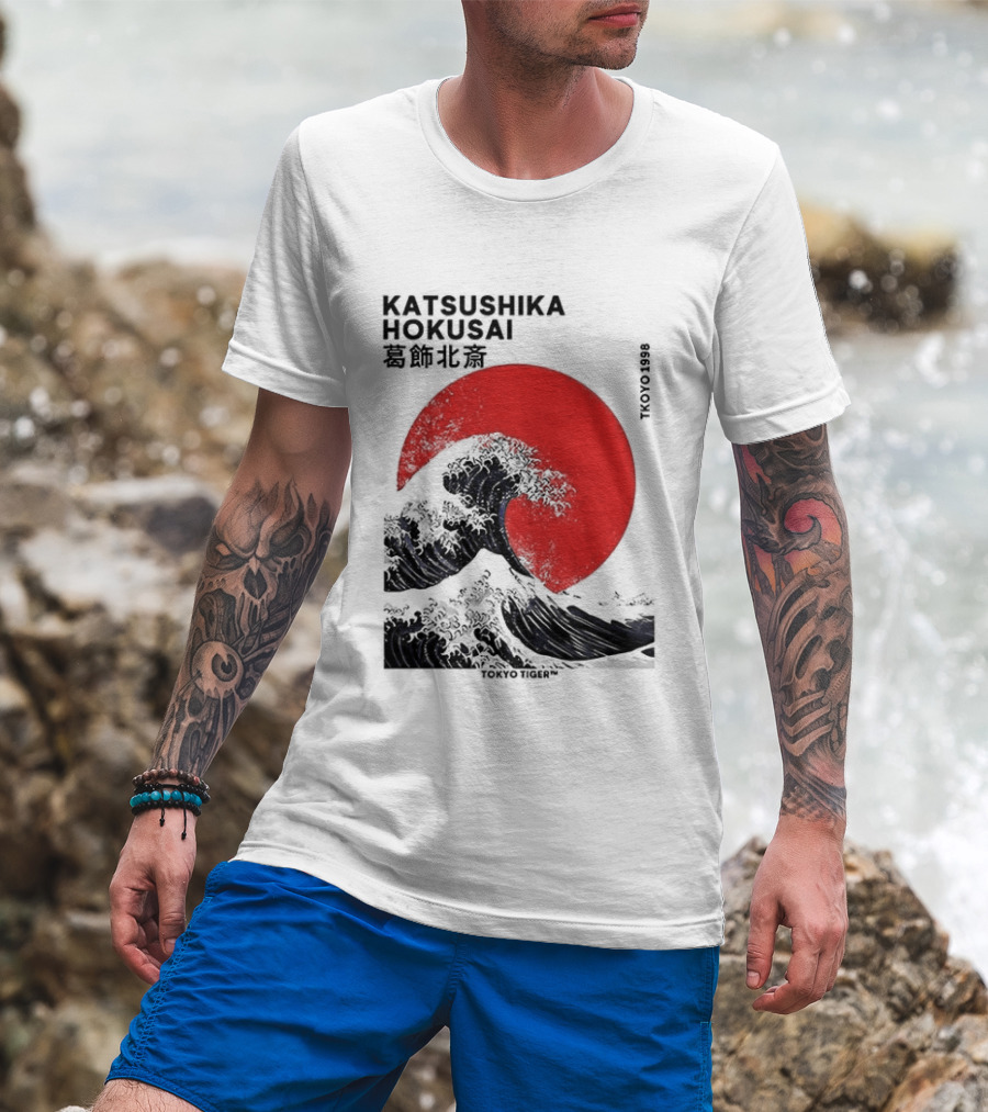 Katsushika Hokusai The Great Wave And Red Sun Japanese Ukiyo E T-Shirt