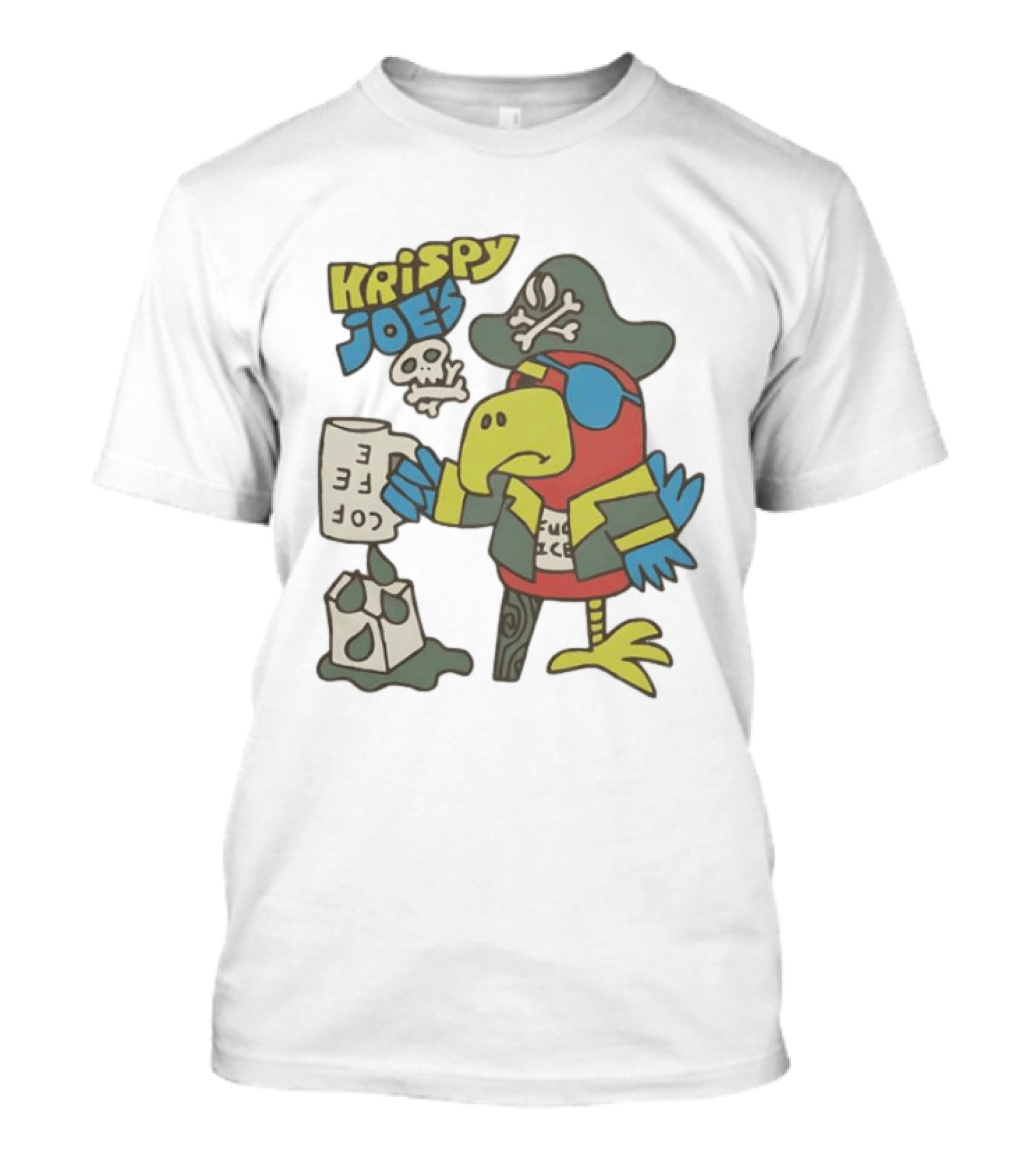 Krispy Joe's Pirate Parrot Coffee Spill Cartoon T-Shirt