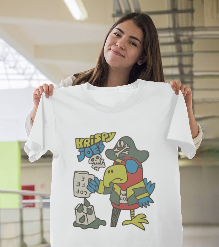 Krispy Joe's Pirate Parrot Coffee Spill Cartoon T-Shirt