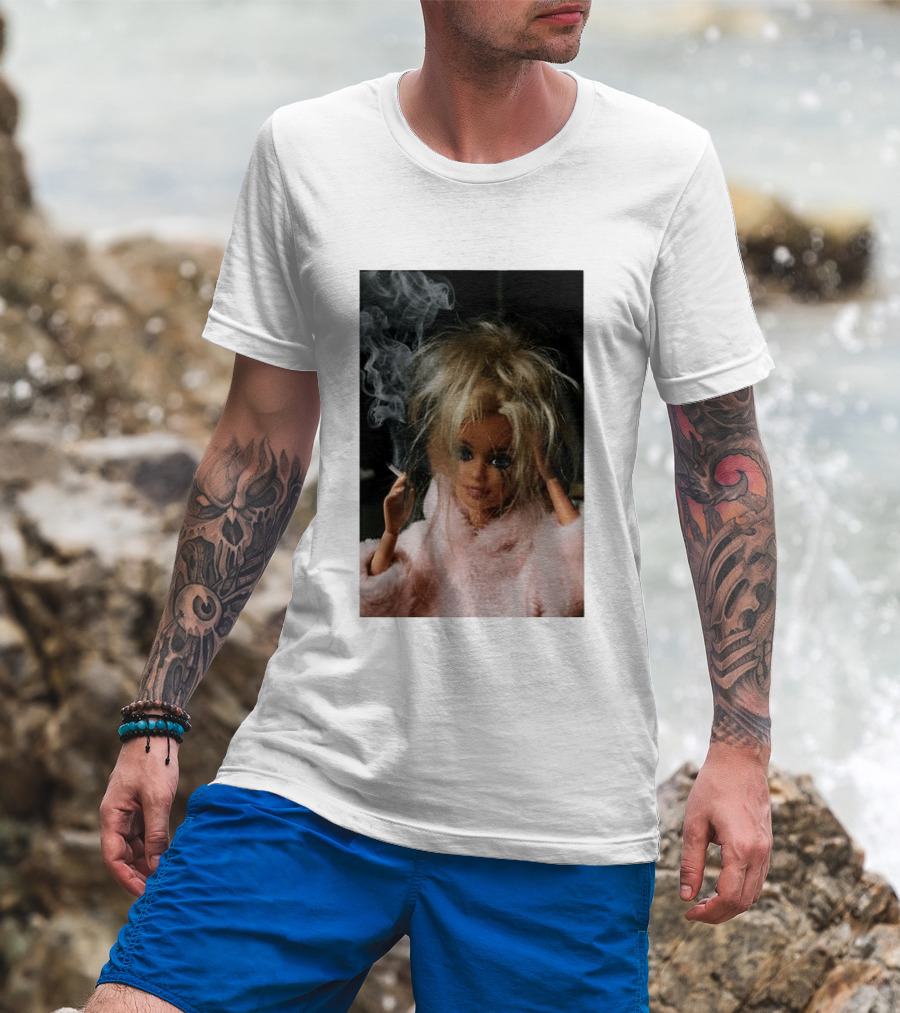 Cigarette Smoking Barbie Doll In Pink Fur Coat T-Shirt