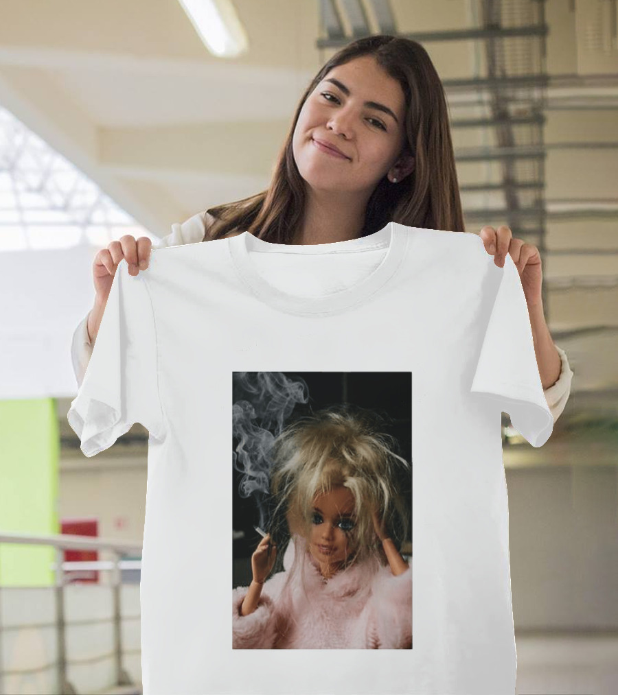 Cigarette Smoking Barbie Doll In Pink Fur Coat T-Shirt