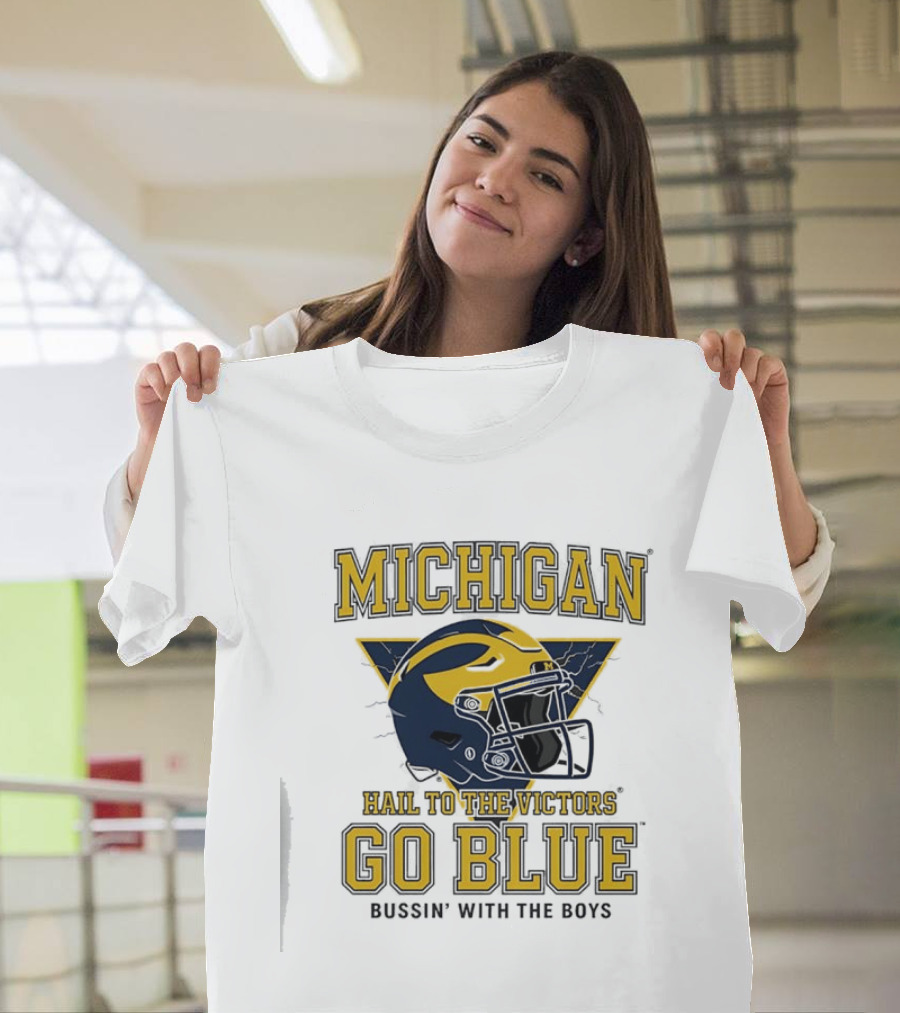 Michigan Hail To The Victors Go Blue Bussin' With The Boys Helmet T-Shirt