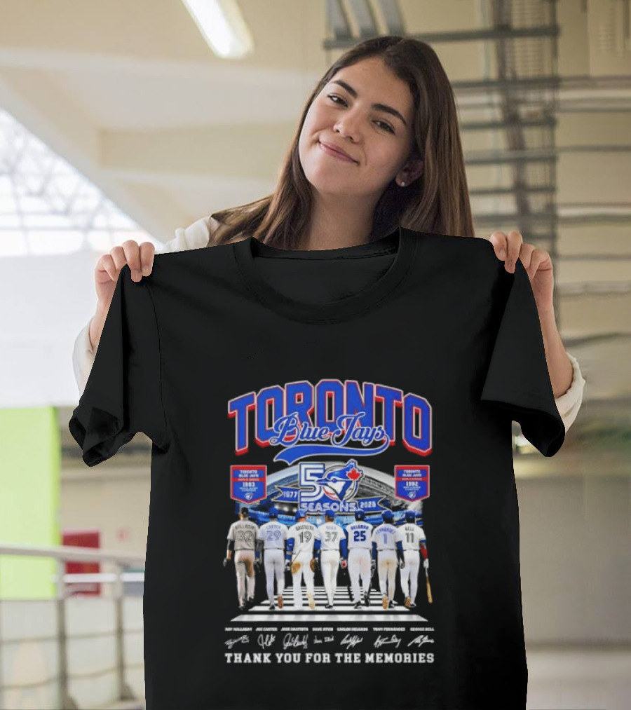 Toronto Blue Jays Blue 50 Seasons 1977 To 2026 Commemorative Signatures Thank You For The Memories T-Shirt