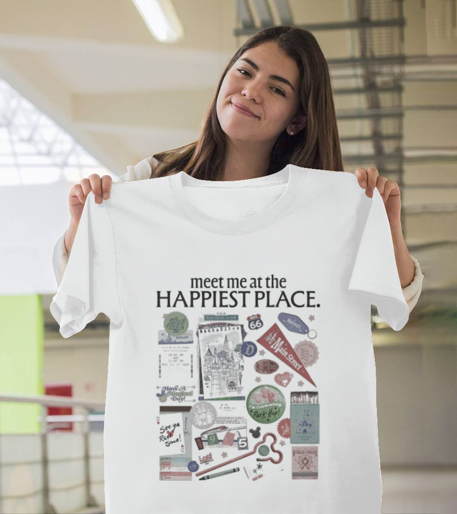 Meet Me At The Happiest Place With Iconic Park Symbols And Pop Culture References T-Shirt