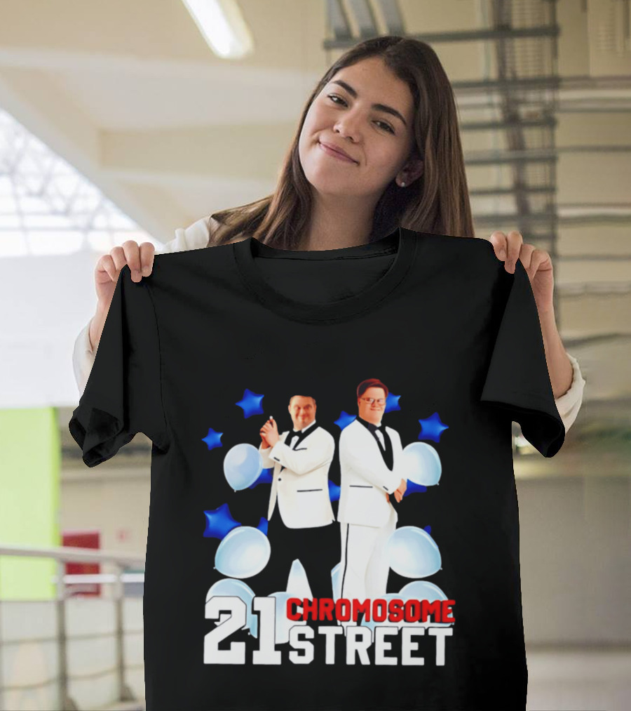 21 Chromosome Street Down Syndrome Stars Balloons White Suits T-Shirt