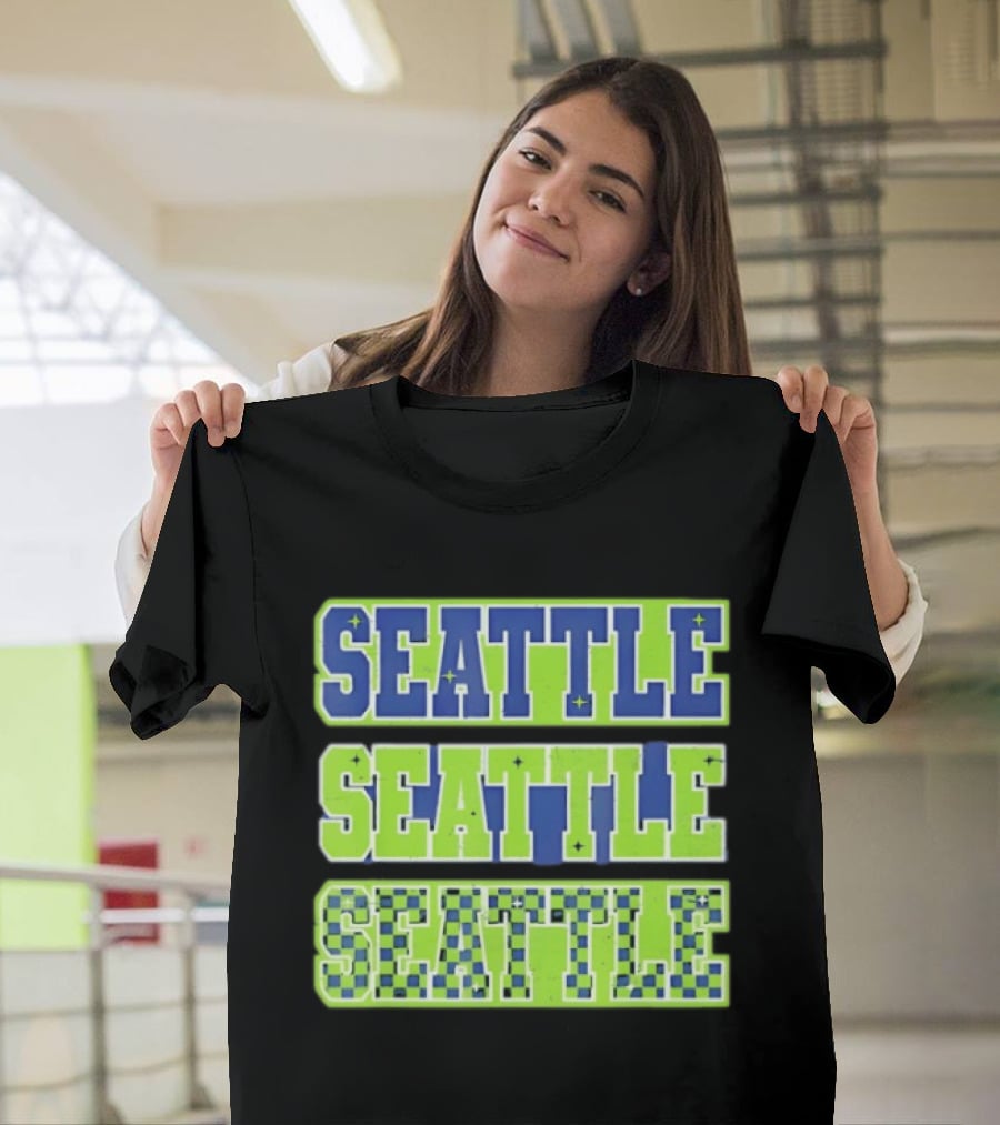 Seattle Blue Green Stars Checkerboard T-Shirt