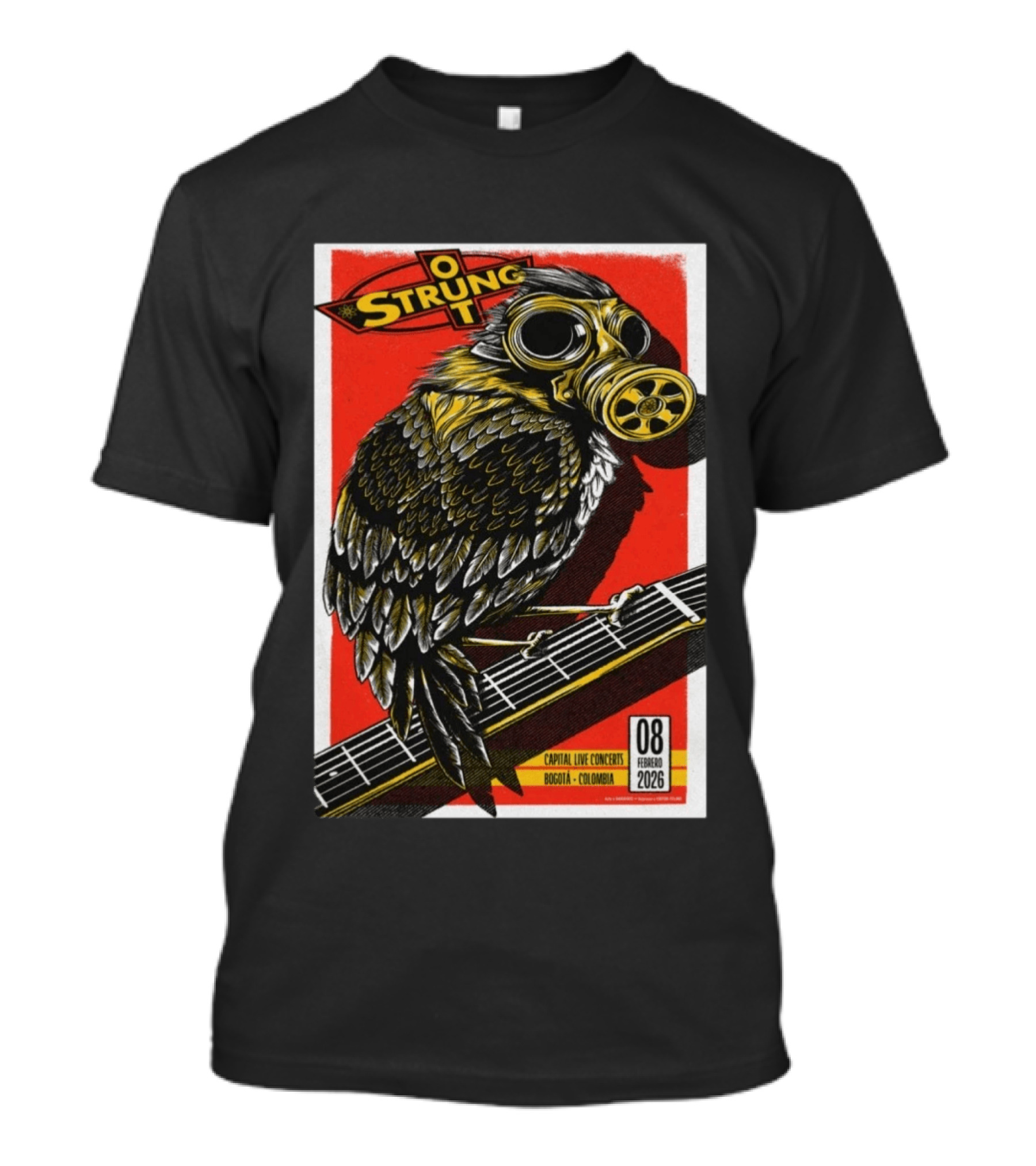 Strung Out February 8 2026 Capital Live Concerts Bogota Colombia Owl Gas Mask Guitar T-Shirt
