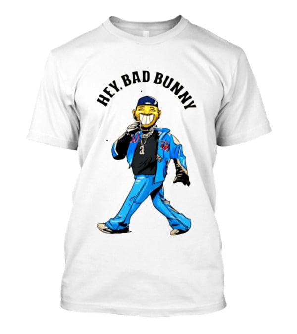 HEY BAD BUNNY Blue Jacket Character Black Outfit Chains T-Shirt