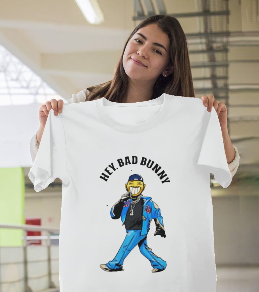 HEY BAD BUNNY Blue Jacket Character Black Outfit Chains T-Shirt