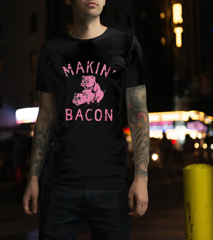 Makin Bacon Pigs Humorous Retro Graphic Pink T-Shirt